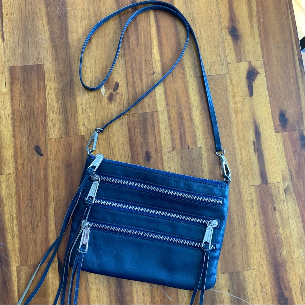 Rebecca minkoff 3 zip moto rocker tassel fringe blue crossbody